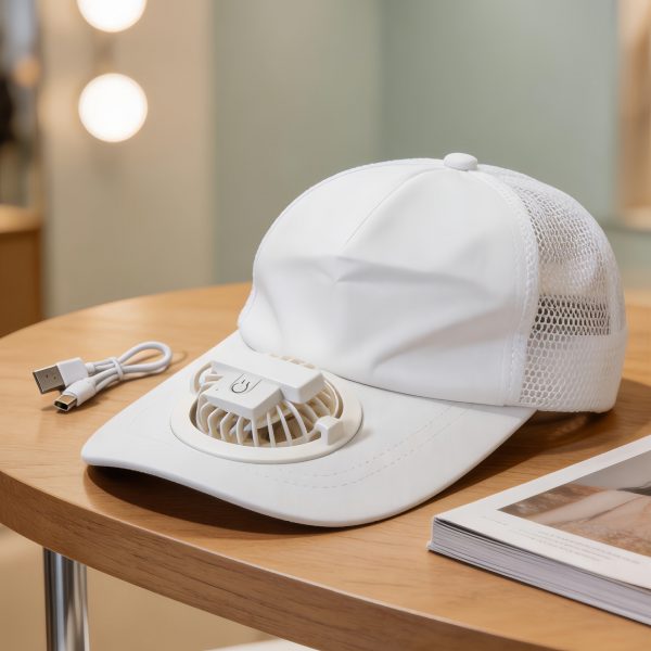 White USB rechargeable fan hat