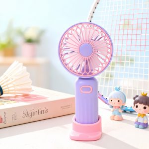 Purple USB rechargeable three-speed handheld fan with desktop base