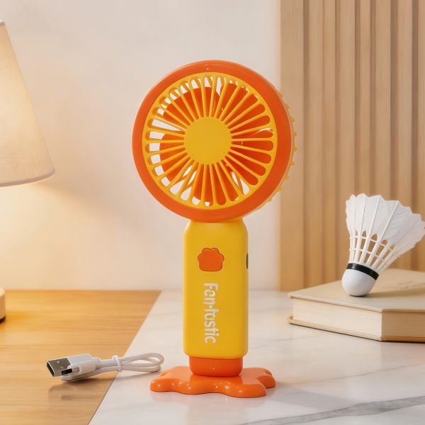 Yellow rechargeable mini handheld fan with detachable desktop base and USB cable