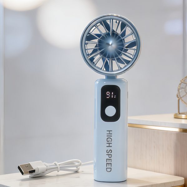 Blue five-speed rechargeable folding handheld fan with digital display