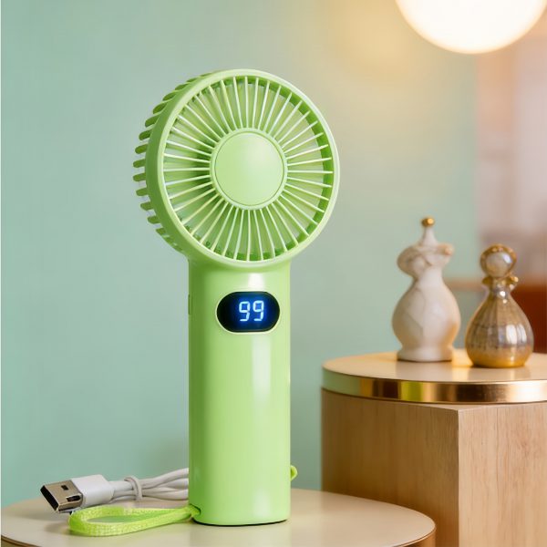 Green USB rechargeable handheld fan with digital display and carrying strap