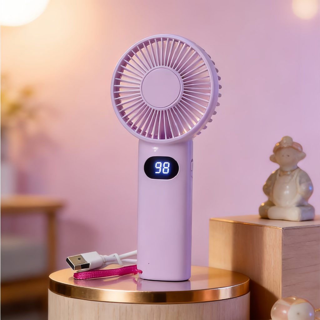 Purple USB rechargeable handheld fan with digital display and carrying strap