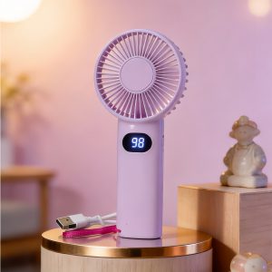 Purple USB rechargeable handheld fan with digital display and carrying strap