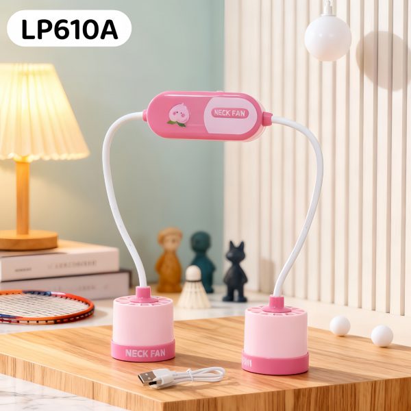 Pink (LP610A) flexible dual-head neck fan with cartoon motif