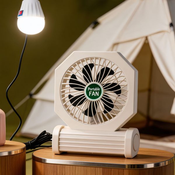Beige camping fan with separate USB light bulb illuminated beside a tent