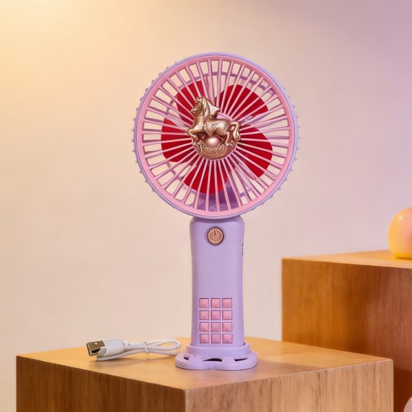 Purple rechargeable mini fan with desktop base and USB charging cable