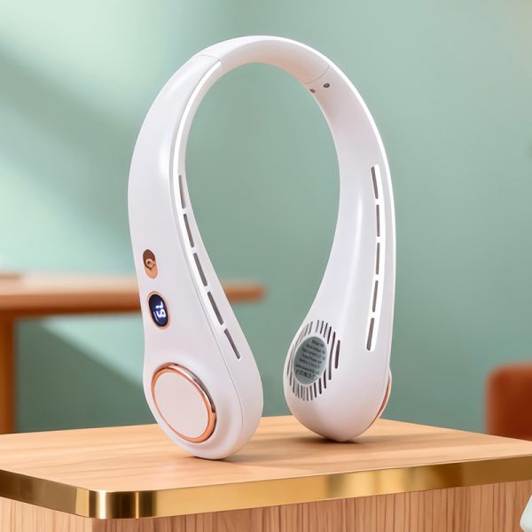 White (H9) rechargeable neck fan with digital display