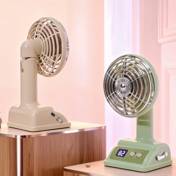 Milky White and Light Green Digital mini desk fan front and tilted-head side views; choose one fan