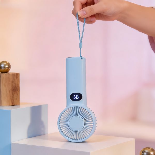 Blue digital display handheld fan suspended from its carrying strap