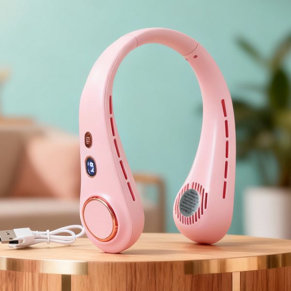 Pink (H9) rechargeable neck fan with digital display