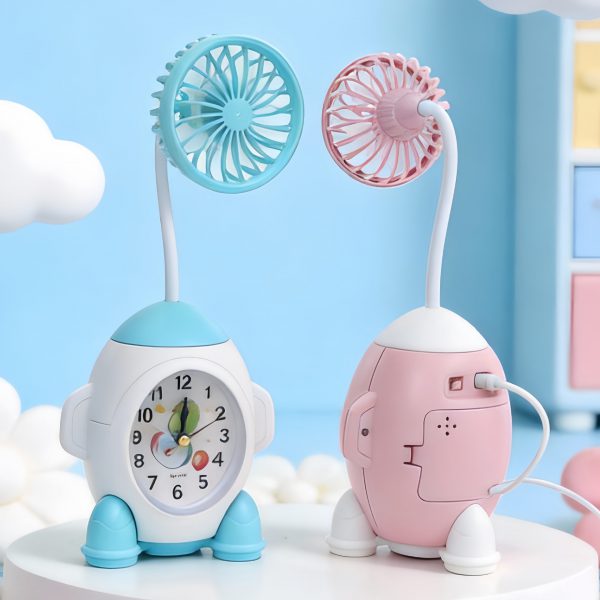 White and Blue clock fan front view beside Pink and White rear view connected to a USB cable
