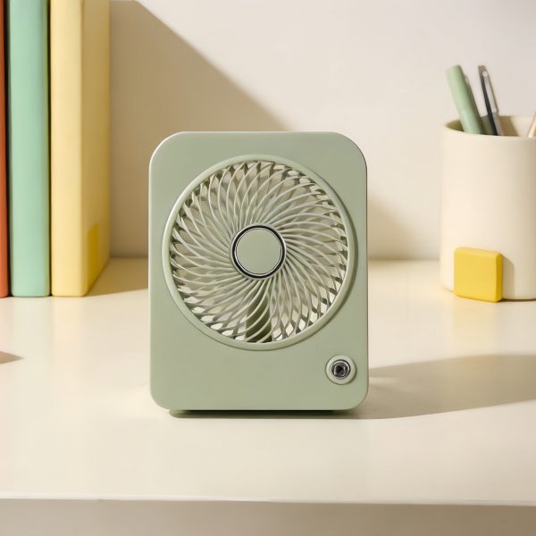 Green rechargeable mini desktop fan in square design