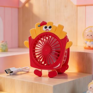 Red and Yellow French Fries USB rechargeable wrist fan with its red wrist strap