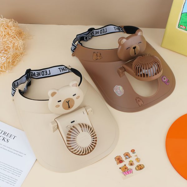 Cream and Dark Brown Capybara USB rechargeable fan visor hats with front brim fans