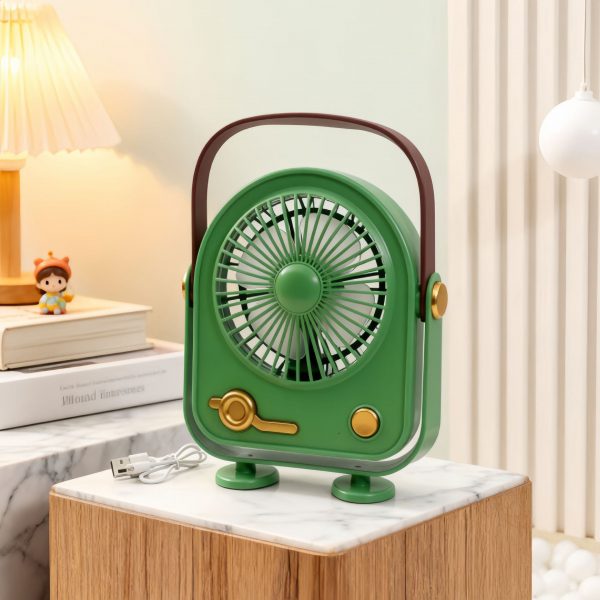 Green USB rechargeable three-speed desktop fan with carry handle