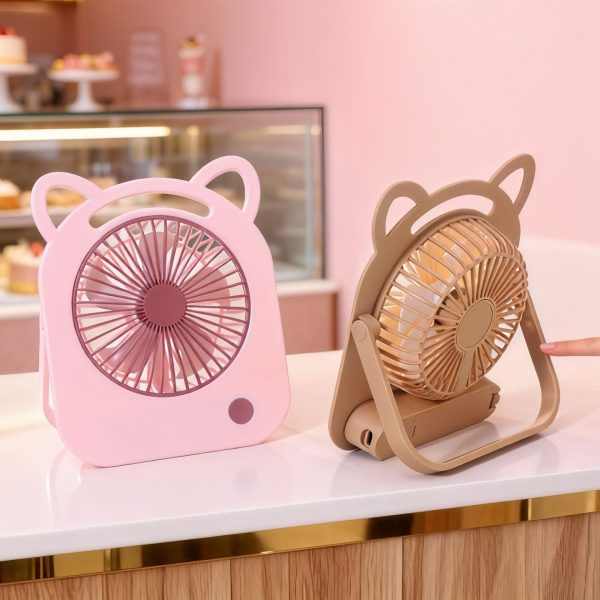 Pink and light coffee cat ear desktop fans showing front and side views