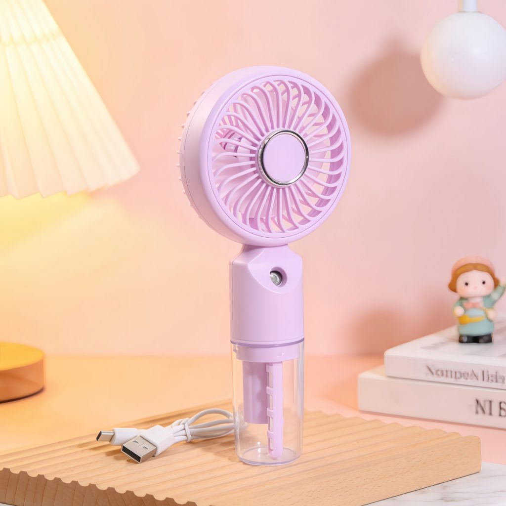 Purple USB rechargeable handheld misting fan