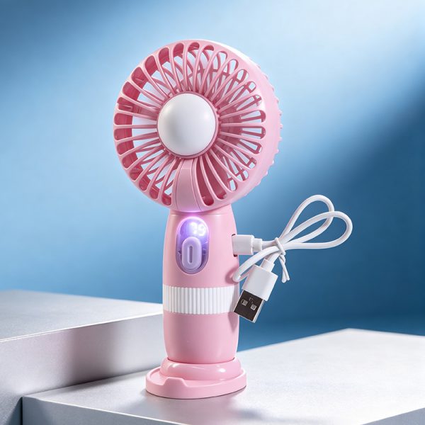 Pink rechargeable mini fan with digital display, desktop base and USB cable