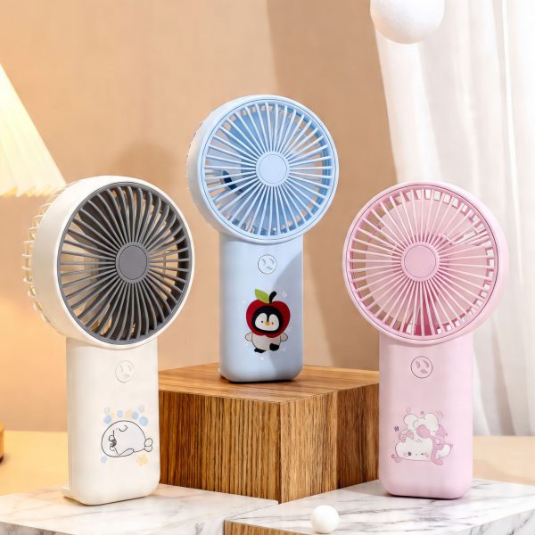 Blue, White and Pink cartoon handheld fan color options; fans sold individually