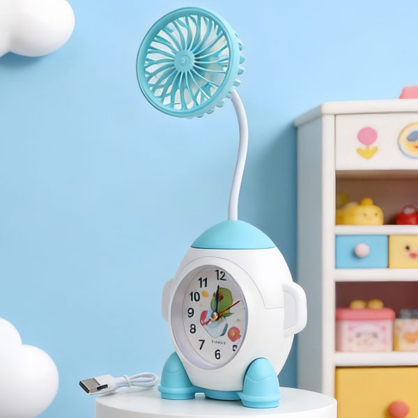 White & Blue rechargeable desktop fan with analog clock and flexible neck