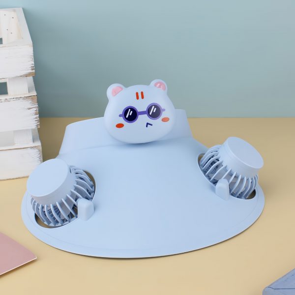 Blue USB rechargeable dual-fan visor hat with bear decoration