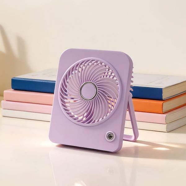 Purple rechargeable mini desktop fan in square design