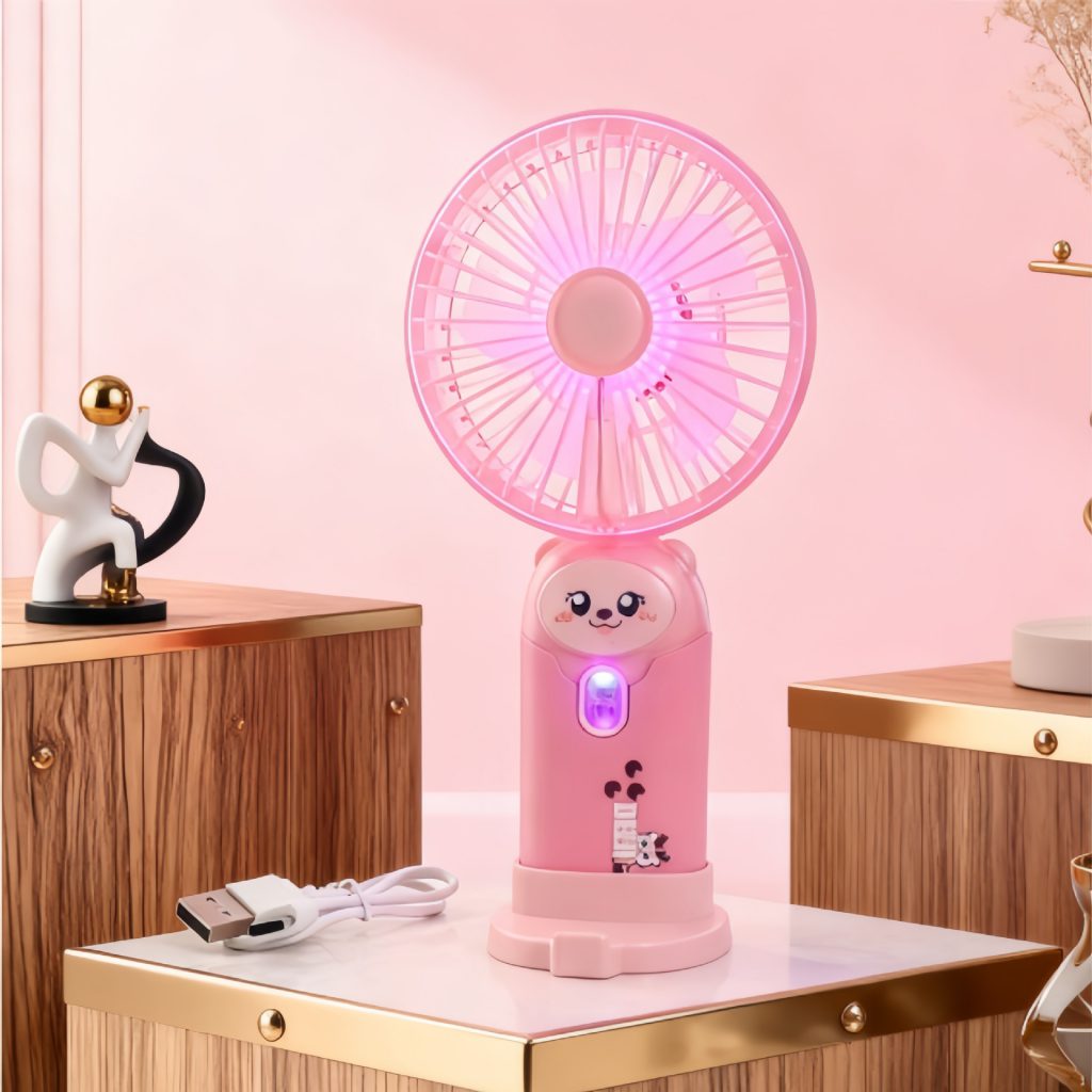 Cartoon USB Rechargeable Desktop Fan with Night Light, 5-Speed Settings and Phone Stand