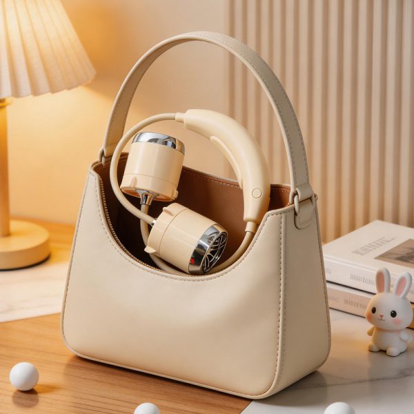Apricot neck fan folded inside a handbag