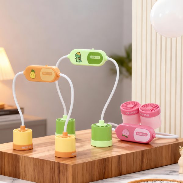 Orange, green and pink Style A rechargeable neck fans with flexible arms