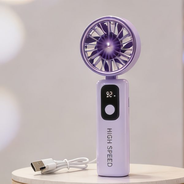 Purple five-speed rechargeable folding handheld fan with digital display