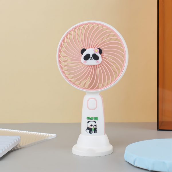 Pink - Panda USB rechargeable handheld fan with removable tabletop stand