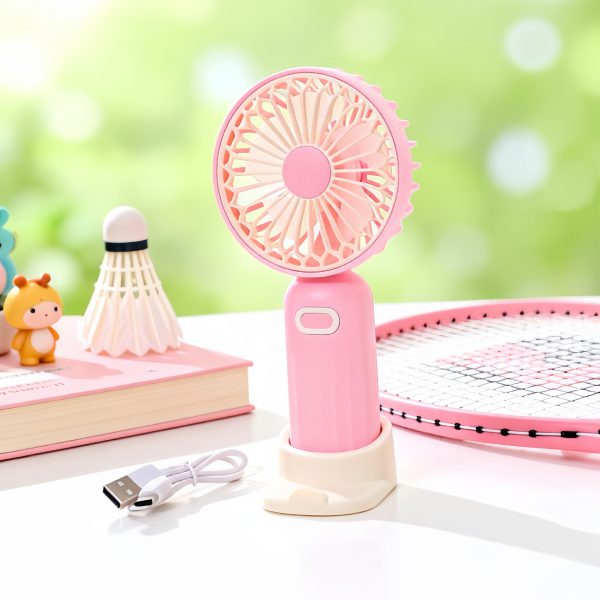 Pink USB rechargeable three-speed handheld fan with desktop base