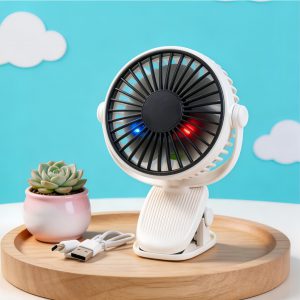 White (Classic) USB rechargeable clip-on fan with colored LED lights