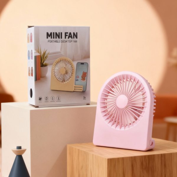 Pink rechargeable mini desk fan with retail box