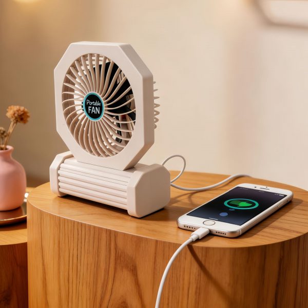 Beige rechargeable camping fan providing USB power to a phone