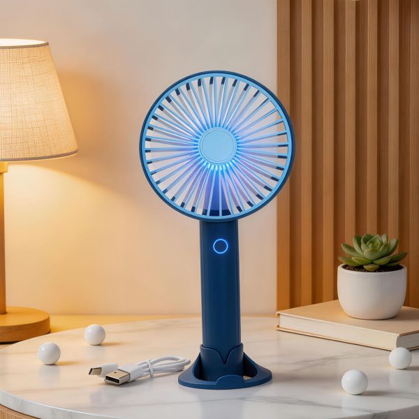 Blue rechargeable handheld fan with desktop base, light and USB cable