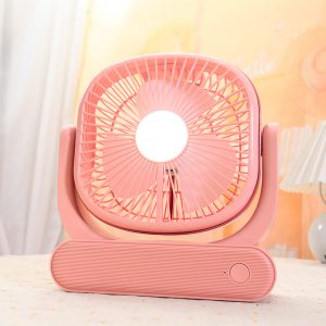 Pink rechargeable square desktop fan with built-in light
