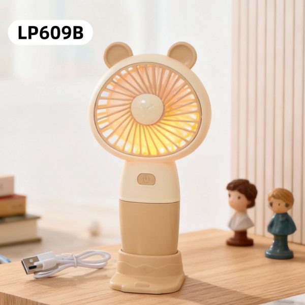 Apricot (LP609B) rechargeable bear-ear handheld mini fan with detachable desktop base