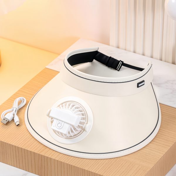 Beige USB rechargeable sun visor hat with built-in adjustable fan