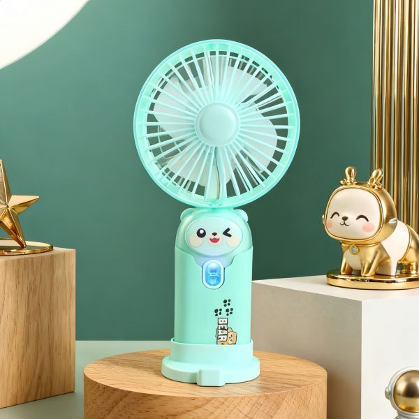 Blue cartoon USB rechargeable desktop fan with night light and phone stand
