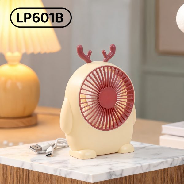 Beige & Red rechargeable mini desktop fan in deer design