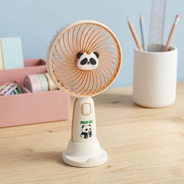 Orange - Panda USB rechargeable handheld fan with removable tabletop stand