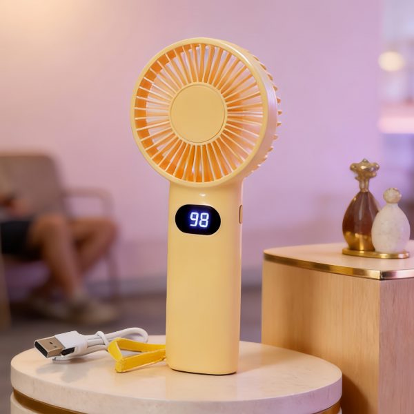 Yellow USB rechargeable handheld fan with digital display and carrying strap