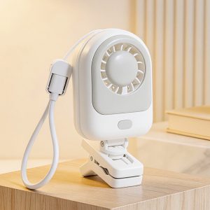 White USB rechargeable mini clip-on fan with rectangular head and small hinged clip