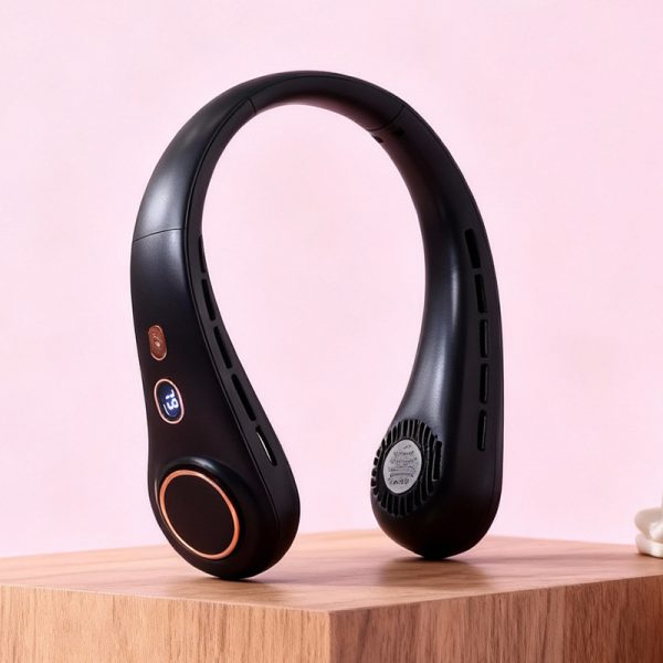Black (H9) rechargeable neck fan with digital display