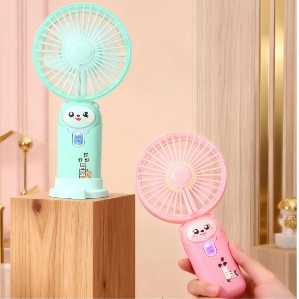 Pink and Blue cartoon USB rechargeable fan handheld view