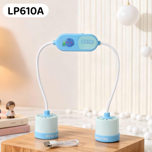 Blue (LP610A) flexible dual-head neck fan with cartoon motif