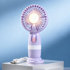 Purple rechargeable handheld mini fan with digital display, light and desktop base