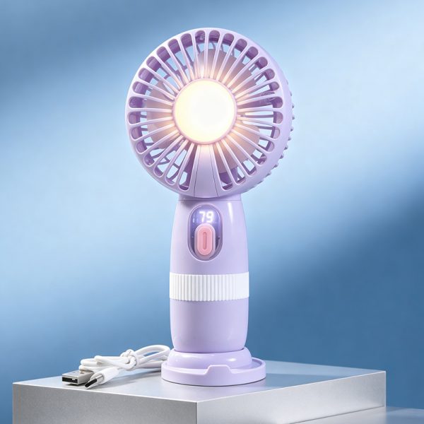 Purple rechargeable handheld mini fan with digital display, light and desktop base