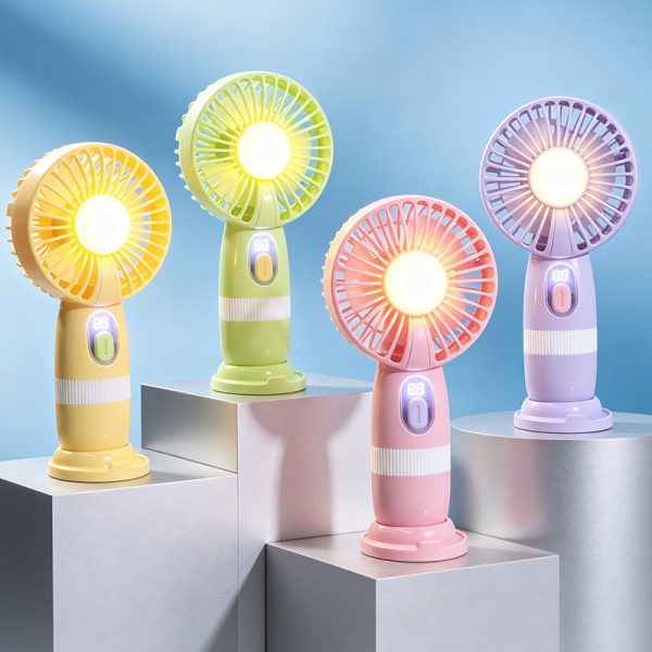 Yellow, green, pink and purple rechargeable mini fans with digital displays and lights